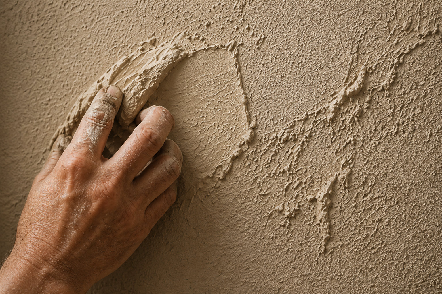 Hand trägt Lehmputz auf eine Wand auf – LEHM & RAUM